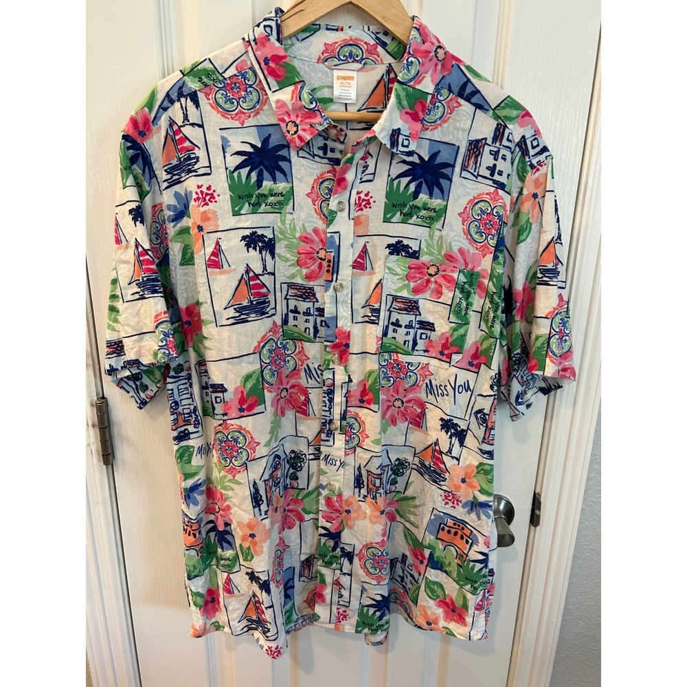 Gymboree Button Up Shirt Multicolor Linen Blend Postcard Tropical Beach Mens XL